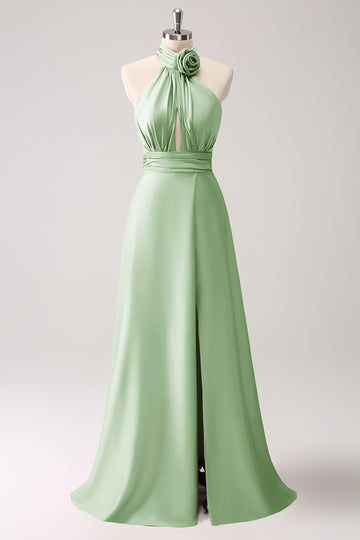 A-Line Dusty Sage Keyhole Satin Bridesmaid Dress with Slit